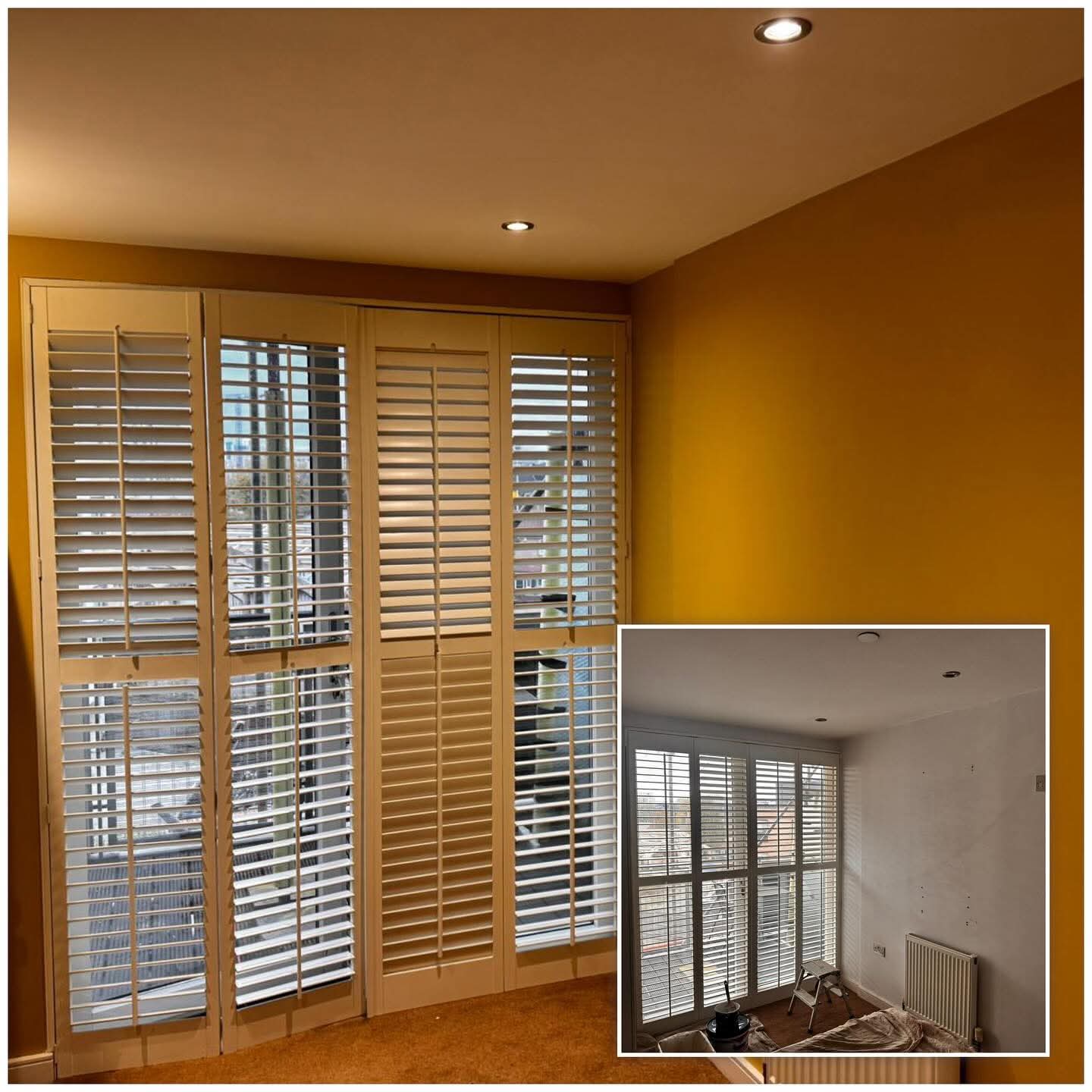 Before and after — bedroom transformation in warm yellow